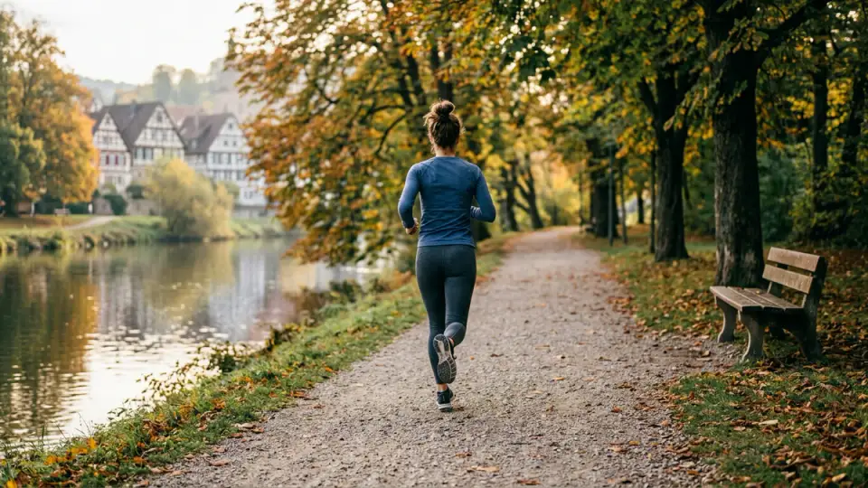 Läuferin von hinten auf einem Kiesweg am Fluss im Herbst, im Hintergrund Fachwerkhäuser